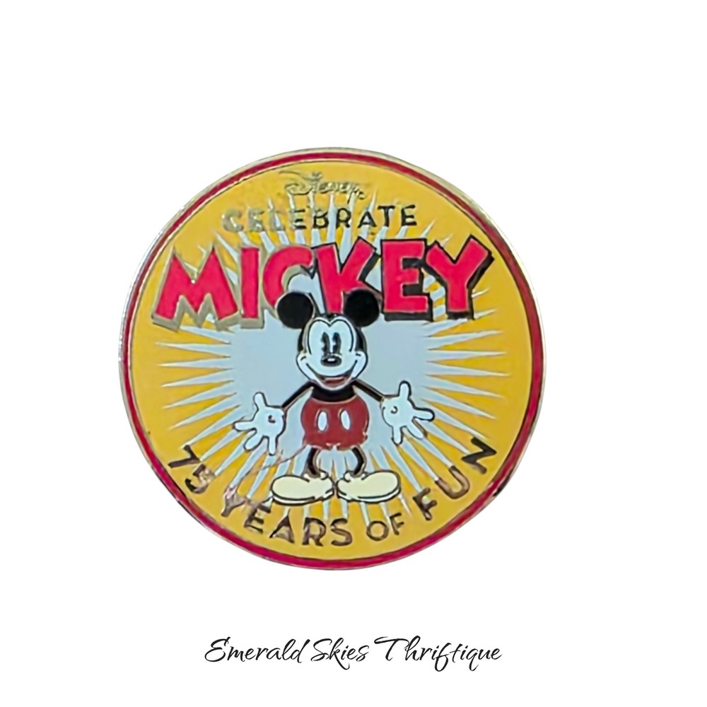 Celebrating 75 years of fun Mickey mouse round trading pin. Free ship